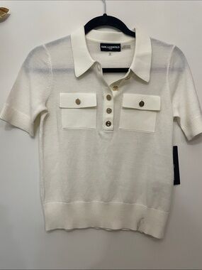 🍂 NEW W/ TAG Karl Lagerfeld Cream Short-Sleeve Polo with Chest Pockets